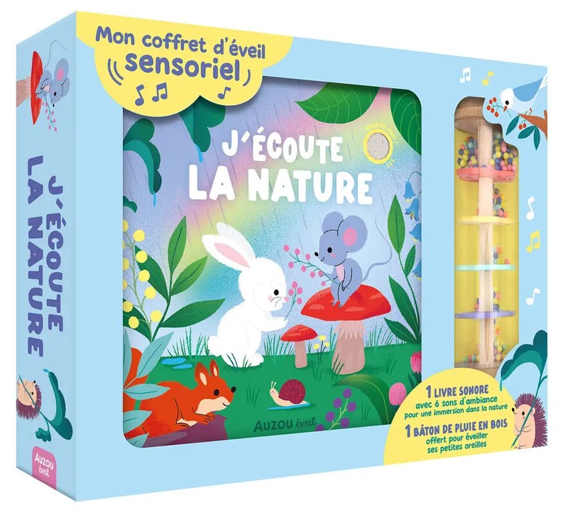 Mon coffret d'éveil sensoriel - J'écoute la nature - Un livre sonore avec 6 sons d'ambiance pour une immersion dans la nature et un bâton de pluie en bois offert pour éveiller ses petites oreilles !