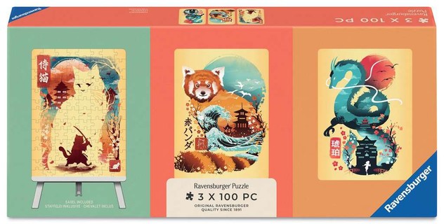 [12002048] Coffret 3 mini puzzles + chevalet - Chat, panda roux et dragon Ukyio-E