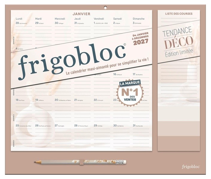 FRIGOBLOC MENSUEL 2027 TENDANCE DECO BEIGE - CALENDRIER ORGANISEUR FAMILIAL (DE JANV. A DEC. 2027)
