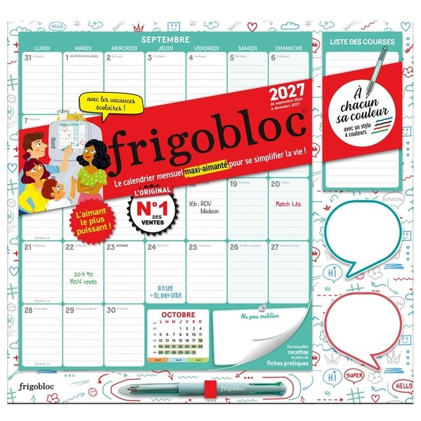 Frigobloc Mensuel 4 couleurs 2027 - Calendrier organiseur familial (de sept. 2026 à déc. 2027)