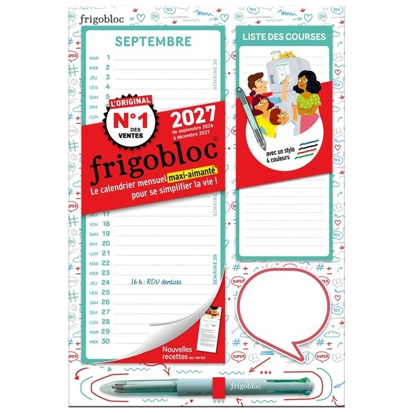 MINI FRIGOBLOC MENSUEL 4 COULEURS 2027 - CALENDRIER ORGANISEUR FAMILIAL (DE SEPT. 2026 A DEC. 2027)