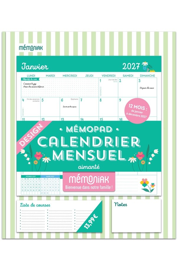 [ET29331] Mémopad calendrier mensuel aimanté 2027 - Design janvier - décembre 2027 12 mois